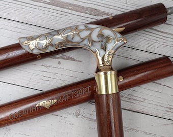 Brass Floral Handle Wooden Walking Stick Cane - Elegant Gift for Seniors