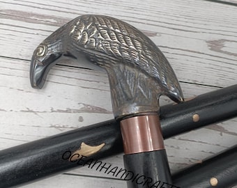Brass Raven Handle Walking Cane – Victorian Wooden Stick For Men & Women