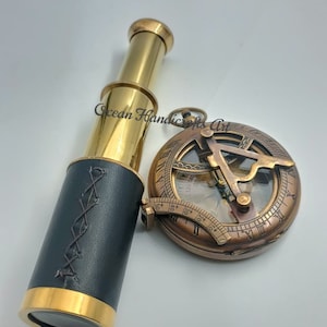 Personalized Engraved Brass Sundial Compass With Brass Pirate Spyglass Telescope For Camping -Hiking - Wedding Anniversary, Birthday Gift