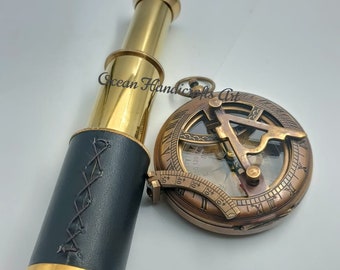 Personalized Engraved Brass Sundial Compass & Pirate Telescope Set