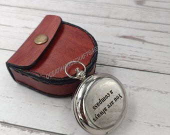 Personalized Brass Compass, Engraved Compass with Leather Case Gift For Anniversary, Birthday, Engagement & Christmas
