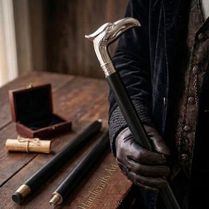 May include: A walking cane featuring a polished silver-toned eagle head handle and a smooth black shaft. The cane is designed in three detachable sections with metal connectors. The handle displays detailed feather textures and a sharp, curved beak.