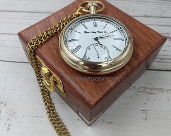 Engraved Brass Pocket Watch – Personalized Gift with Wooden Box