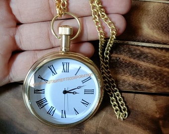Engraved Brass Pocket Watch – Steampunk Mechanical Watch with Chain