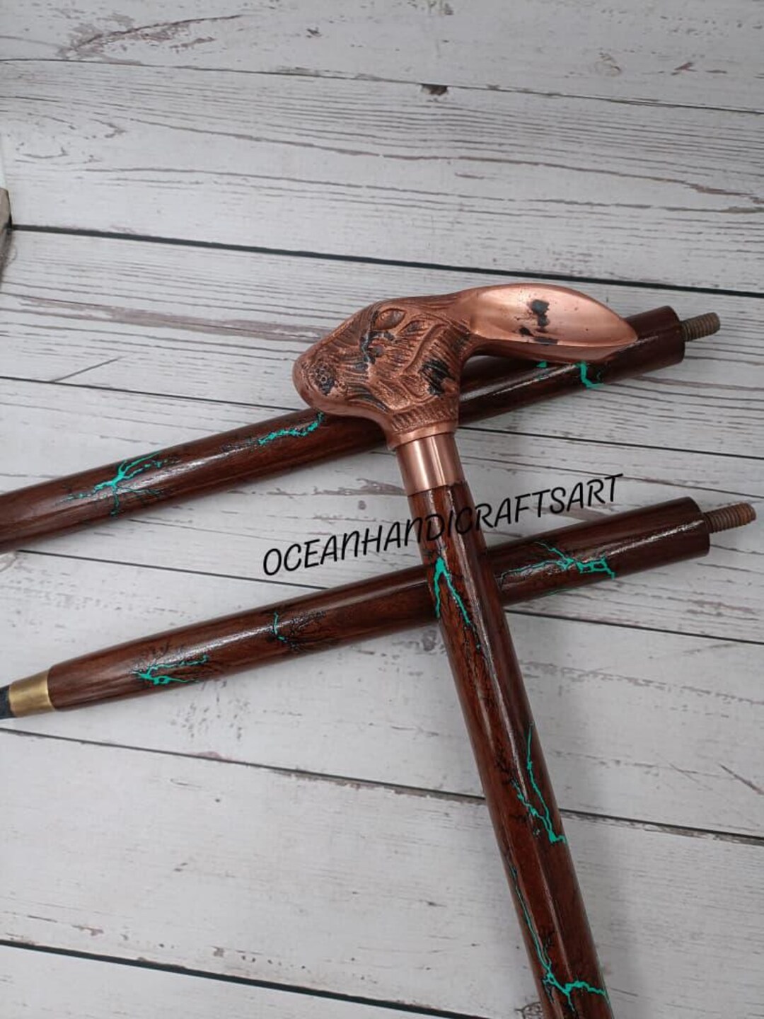 Rabbit Head Walking Cane - Handmade Brass Handle, Wooden Walking Stick ...