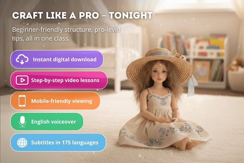 May include: A doll with long, wavy hair wearing a straw hat and a dress with blue floral embroidery. The image includes text that reads "CRAFT LIKE A PRO - TONIGHT" and details about digital downloads, video lessons, and subtitles.
