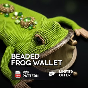May include: A lime green beaded frog wallet featuring a metallic kiss-lock clasp, embellished with green and gold-toned decorative stones on the back. The text BEADED FROG WALLET, PDF PATTERN, and LIMITED OFFER are visible on the image surface.