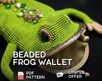 May include: A lime green beaded frog wallet featuring a metallic kiss-lock clasp, embellished with green and gold-toned decorative stones on the back. The text BEADED FROG WALLET, PDF PATTERN, and LIMITED OFFER are visible on the image surface.