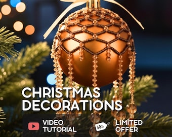 May include: A matte copper-colored spherical ornament adorned with a dark beaded net overlay and dangling crystal-like bead strands. A cream-colored ribbon bow sits at the top. Text reads CHRISTMAS DECORATIONS, VIDEO TUTORIAL, and LIMITED OFFER.
