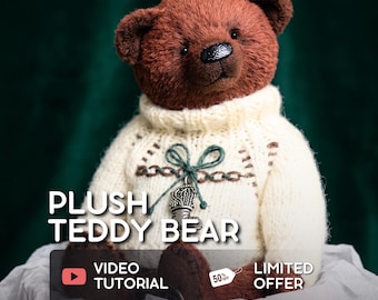 May include: A plush teddy bear with brown fur and a cream-colored sweater. The bear has a black nose and is wearing a sweater with a decorative design. The image includes the text "PLUSH TEDDY BEAR", "VIDEO TUTORIAL", and "LIMITED OFFER".