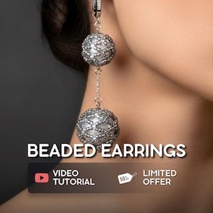 May include: Silver beaded drop earrings. Each earring has two beaded spheres linked by a chain. The image displays the text "BEADED EARRINGS" in white capital letters. A "VIDEO TUTORIAL" button and a "LIMITED OFFER" tag are also visible.