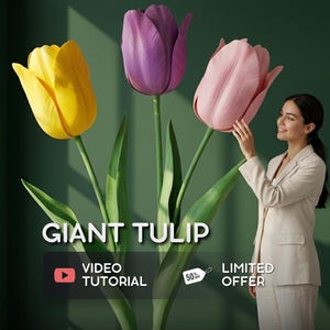 Può includere: Tre tulipani artificiali giganti di colore giallo, viola e rosa chiaro, ciascuno con lunghi steli e foglie verdi. L'immagine include il testo GIANT TULIP, VIDEO TUTORIAL e LIMITED OFFER con un'etichetta di sconto del 50% su sfondo verde.