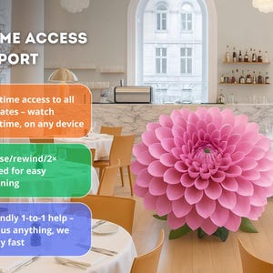 Pode incluir: Uma grande flor de papel rosa &eacute; o ponto focal desta imagem, num restaurante. O texto diz "LIFETIME ACCESS & SUPPORT" com detalhes sobre atualiza&ccedil;&otilde;es, velocidade de aprendizagem e ajuda.