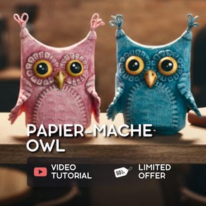 May include: Two papier-mâché owl figurines, one pink and one blue, with large yellow eyes and gold beaks. The owls have decorative stitching and are perched on a wooden surface. The text "PAPIER-MACHE-OWL" is displayed.
