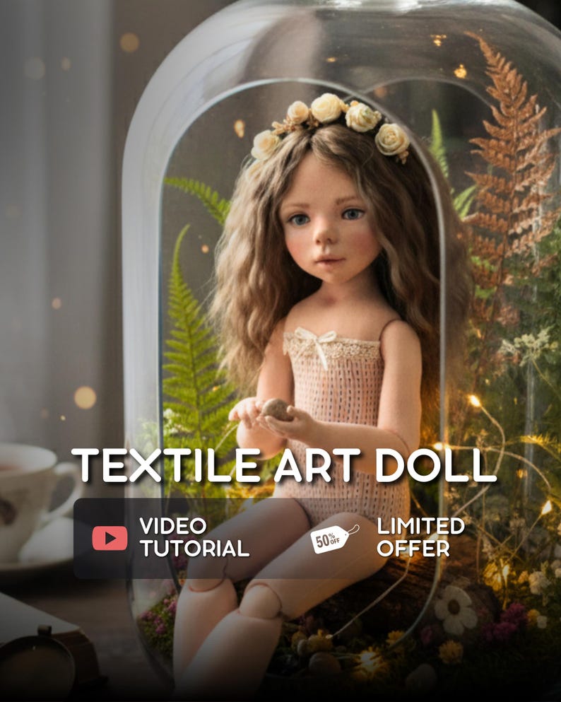 May include: A textile art doll with long wavy hair and a floral crown, enclosed in a glass dome with greenery. The doll wears a light pink knitted top. Text on the image reads "TEXTILE ART DOLL", "VIDEO TUTORIAL", and "LIMITED OFFER".