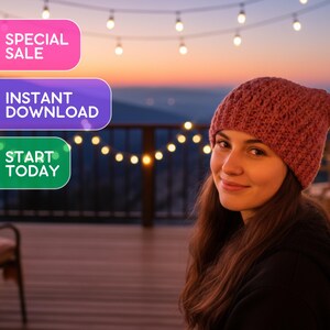 May include: A woman wearing a pink crocheted beanie smiles at the camera. The background features fairy lights, a wooden deck, and a sunset view. Three colourful banners read "Special Sale", "Instant Download", and "Start Today".