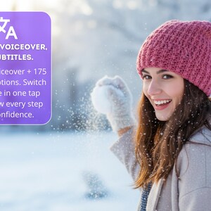 May include: A woman in a pink knitted hat and grey gloves throws a snowball, smiling in a snowy scene. A purple square displays white text: "ENGLISH VOICEOVER, 175 SUBTITLES."