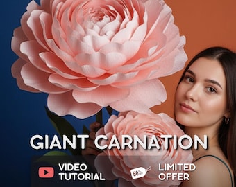 May include: A close-up of two large, light pink paper carnation flowers. The text "GIANT CARNATION" is displayed above a video tutorial button and a "LIMITED OFFER" tag with a 50% off label.