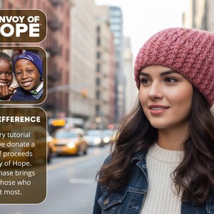 May include: A woman wearing a mauve-coloured knitted beanie and a denim jacket. The image includes the text "CONVOY OF HOPE" and "MAKE A DIFFERENCE". The text explains that a portion of proceeds from purchases are donated to Convoy of Hope.