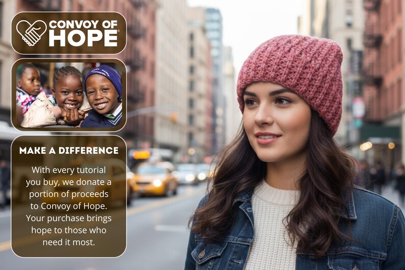 May include: A woman wearing a mauve-coloured knitted beanie and a denim jacket. The image includes the text "CONVOY OF HOPE" and "MAKE A DIFFERENCE". The text explains that a portion of proceeds from purchases are donated to Convoy of Hope.