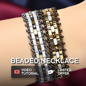 May include: A beaded necklace in silver, gold, and black, worn on a wrist. The necklace features rectangular and round beads. Text on the image reads "BEADED NECKLACE", "VIDEO TUTORIAL", and "LIMITED OFFER".