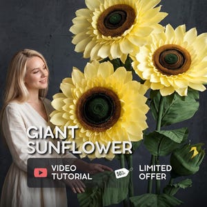Puede incluir: Tres grandes girasoles artificiales con pétalos de color amarillo brillante y centros de color marrón oscuro sobre tallos verdes altos con hojas. El texto GIANT SUNFLOWER, VIDEO TUTORIAL y LIMITED OFFER es visible, junto a un icono de etiqueta 50% off.