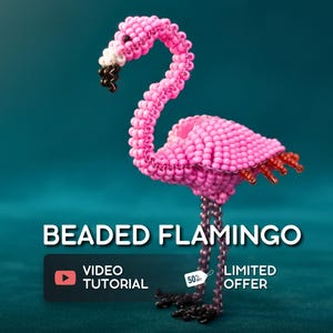 May include: A handcrafted beaded flamingo sculpture. The flamingo is primarily pink with black, white, and red accents. The text "BEADED FLAMINGO" is displayed above the flamingo. A video tutorial is available.