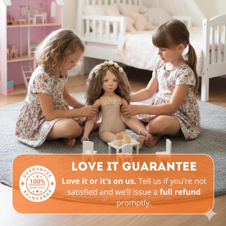 May include: Two young girls in floral dresses play with a handmade doll with long brown hair and a floral crown. The doll is wearing a beige outfit and is seated on a gray rug. A miniature table and chairs are in front of the doll. The image includes the text "LOVE IT GUARANTEE".