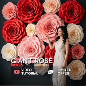 Könnte beinhalten: Eine Anordnung großer Papierrosen in Rot-, Rosa- und Cremetönen vor dunklem Hintergrund. Der Text "GIANT ROSE" und "VIDEO TUTORIAL" ist zu sehen. Eine Frau in einem Overall ist ebenfalls abgebildet.