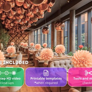 Pode incluir: Interior de um restaurante com detalhes em cobre, incluindo panelas suspensas e lumin&aacute;rias penduradas. Arranjos florais cor de p&ecirc;ssego adornam as mesas. A imagem inclui caixas de texto com as palavras "Step-by-step HD video with close-ups", "Printable templates" e "Tools and materials checklist."