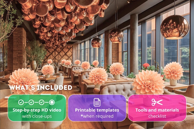 Pode incluir: Interior de um restaurante com detalhes em cobre, incluindo panelas suspensas e lumin&aacute;rias penduradas. Arranjos florais cor de p&ecirc;ssego adornam as mesas. A imagem inclui caixas de texto com as palavras "Step-by-step HD video with close-ups", "Printable templates" e "Tools and materials checklist."