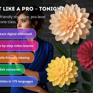 Pode incluir: A imagem apresenta uma mulher de blazer azul com tr&ecirc;s grandes flores de papel em tons de p&ecirc;ssego, amarelo e bord&ocirc;. O texto &agrave; esquerda promove uma aula: "CRAFT LIKE A PRO - TONIGHT" com download digital instant&acirc;neo e narra&ccedil;&atilde;o em ingl&ecirc;s.