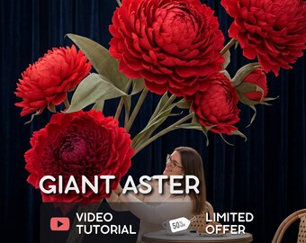 May include: A large bouquet of deep red, multi-petaled aster flowers with green stems and leaves. The image features the text GIANT ASTER, VIDEO TUTORIAL, and LIMITED OFFER with a 50% off tag. The flowers are displayed against a dark blue curtain.