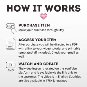 May include: A white graphic detailing the process: purchase on Etsy, access a PDF with a video link, and watch the tutorial on YouTube. Features a pink heart and icons. Text includes "HOW IT WORKS".