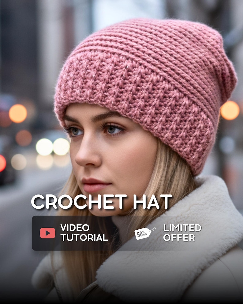 May include: A dusky pink crochet hat with a textured stitch pattern. The hat is displayed on a person. The image includes the text "CROCHET HAT", "VIDEO TUTORIAL", and "LIMITED OFFER".