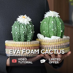 May include: Two green EVA foam cactus plants with white spots and white flower accents, in woven baskets. The baskets have colourful woven patterns. Text on the image reads "EVA FOAM CACTUS", "VIDEO TUTORIAL", and "LIMITED OFFER".
