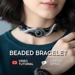 May include: A beaded choker necklace and matching bracelet set featuring a black and silver swirling pattern with a central black bead. The text BEADED BRACELET, VIDEO TUTORIAL, and LIMITED OFFER are visible on the image overlay.