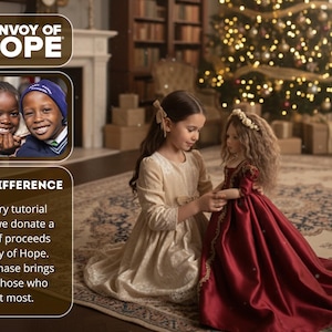 May include: A young girl in a cream-colored dress holds a doll in a red dress. The doll has long, curly hair and a floral crown. The background includes a Christmas tree and text that reads "Convoy of Hope" and "Make a Difference".