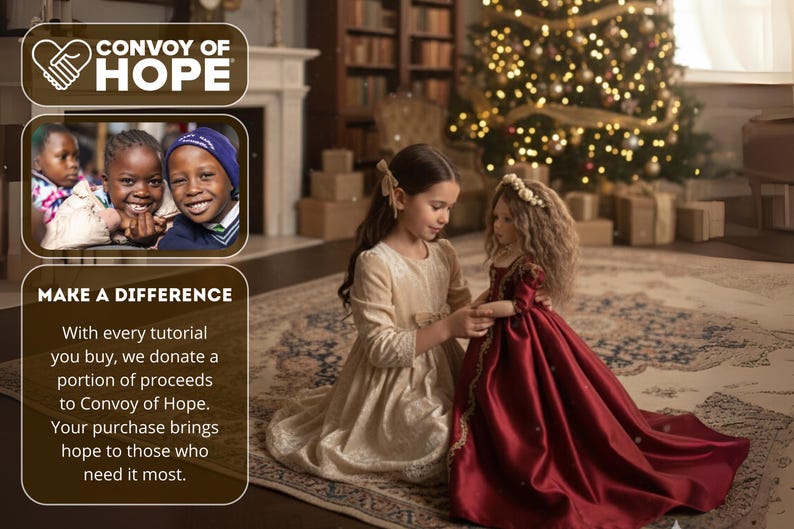 May include: A young girl in a cream-colored dress holds a doll in a red dress. The doll has long, curly hair and a floral crown. The background includes a Christmas tree and text that reads "Convoy of Hope" and "Make a Difference".