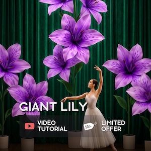 Könnte beinhalten: Digitale Illustration einer Ballerina in einem weißen Kleid vor riesigen lila Lilien. Der Text "GIANT LILY" wird zusammen mit "VIDEO TUTORIAL" und "LIMITED OFFER" angezeigt. Ein 50 % Rabatt-Tag ist ebenfalls sichtbar.