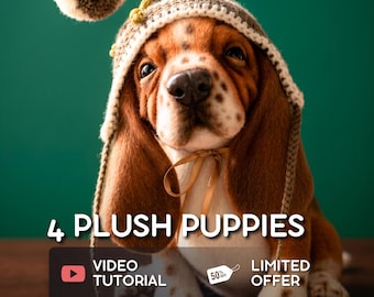May include: A plush basset hound puppy wearing a knitted hat with a pom-pom. The puppy has brown and white fur and is sitting on a wooden surface. Text on the image reads "4 PLUSH PUPPIES", "VIDEO TUTORIAL", and "LIMITED OFFER".