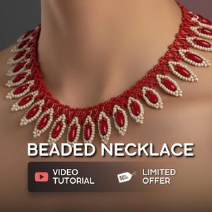 May include: A red and white beaded necklace with a detailed design. The necklace features oval-shaped red beads and smaller white beads, creating a striking contrast. The text "BEADED NECKLACE" is displayed in white letters.