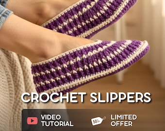 May include: A pair of purple and white crochet slippers. The slippers have a textured pattern and a cream-colored trim. The image includes the text "CROCHET SLIPPERS", "VIDEO TUTORIAL", and "LIMITED OFFER".