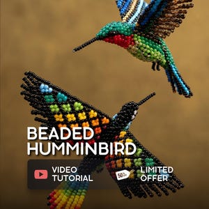 Op de afbeelding: Twee gebeitelde kolibriesculpturen met uitgespreide vleugels. Eén is voornamelijk zwart met kleurrijke accenten, de andere is groen, rood en blauw. De afbeelding bevat de tekst "Beaded Hummingbird" en "Video Tutorial".