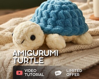 May include: A handmade amigurumi turtle with a blue shell and cream-colored head and limbs. The text "AMIGURUMI TURTLE" is displayed, along with a "VIDEO TUTORIAL" button and a "LIMITED OFFER" tag with a 50% discount.