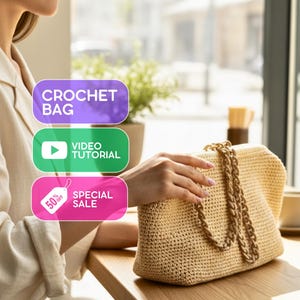 May include: A beige crochet bag with a gold chain strap sits on a wooden table. The bag is rectangular with rounded edges. Text on the image reads "CROCHET BAG", "VIDEO TUTORIAL", and "SPECIAL SALE 50% OFF".