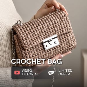 May include: A crocheted bag in a neutral tan color with a silver chain strap and clasp. The bag has a rectangular shape and a textured, woven appearance. The words "CROCHET BAG" are displayed in white text.