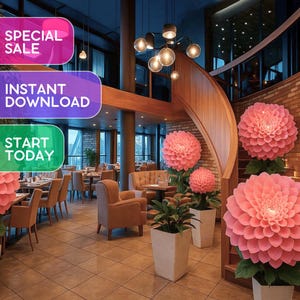 Pode incluir: Interior de um restaurante com grandes decora&ccedil;&otilde;es florais cor-de-rosa. O espa&ccedil;o apresenta uma escada de madeira, mesas e cadeiras. Os sinais dizem "Venda especial", "Download instant&acirc;neo" e "Comece hoje".