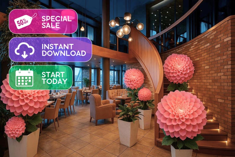 Pode incluir: Interior de um restaurante com grandes decora&ccedil;&otilde;es florais cor-de-rosa. O espa&ccedil;o apresenta uma escada de madeira, mesas e cadeiras. Os sinais dizem "Venda especial", "Download instant&acirc;neo" e "Comece hoje".
