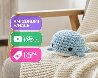 編みぐるみクジラの編み方チュートリアル：初心者向け、縫う必要のないビデオ（PDFパターン）